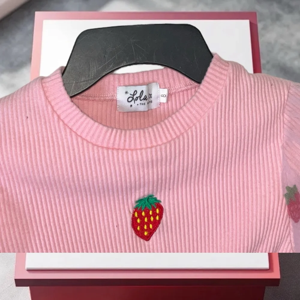 Lola & The Boys Boutique Pink Netted Strawberries Dress Spring Easter Girls Sz 8 - Picture 2 of 8